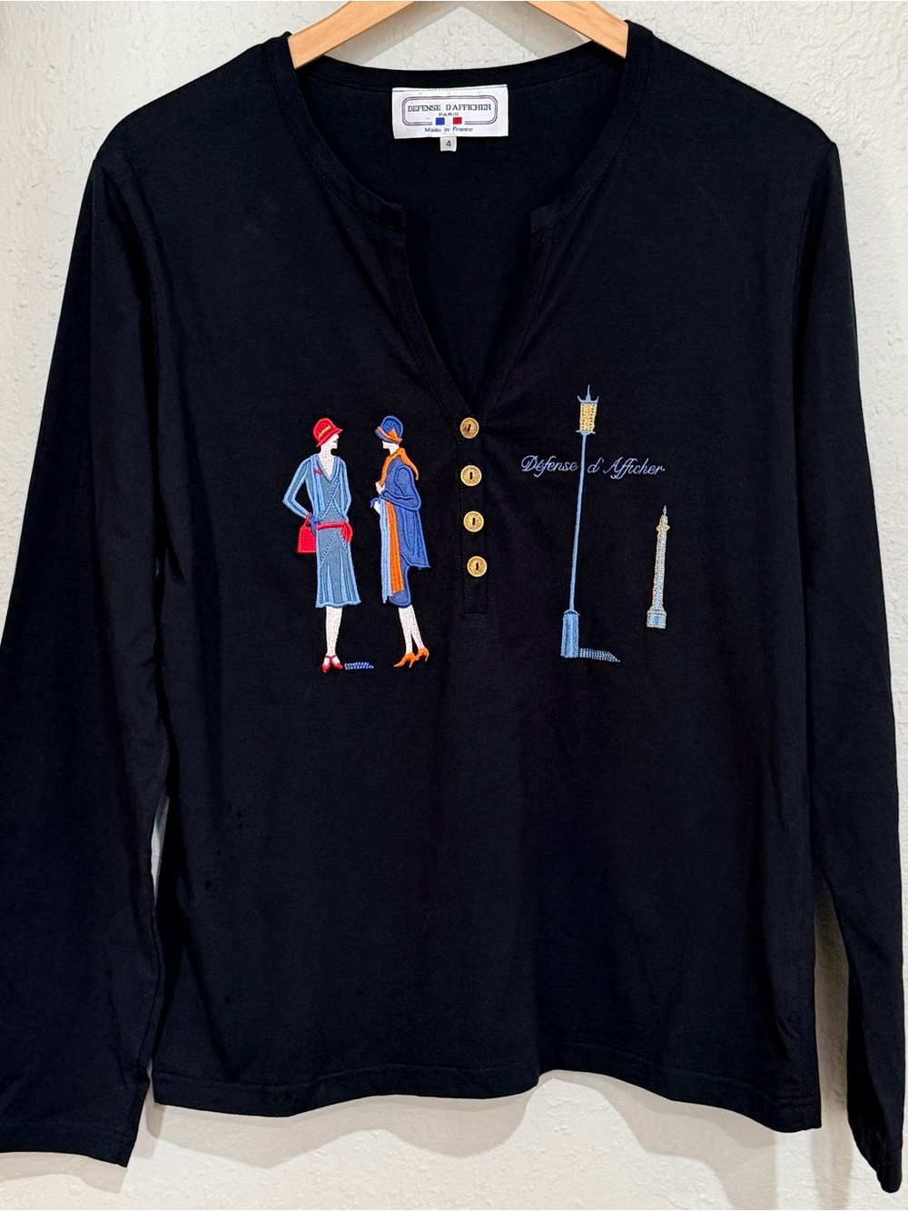 Vintage DEFENSE D'AFFICHER France Art Deco Embroidered Henley Black Blouse Top